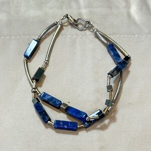 Silver tone beads Sodalite & Hematite square & rectangular stone double bracelet